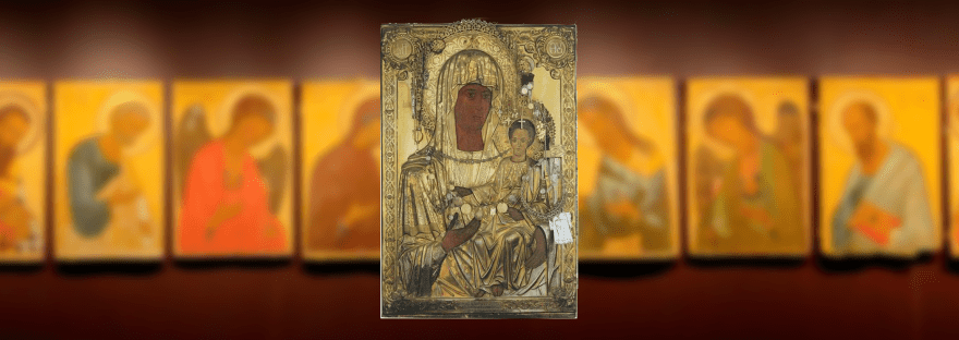 икона Богородицы Антифонитрия Констамонит, Отвечающая Богоматерь Афон, чудотворная Антифонитрия Одигитрия, чудо масла 1020 год Агафон, икона Отвечающая юго-западная колонна, Антифонитрия монастырь Констамонит, позолоченный оклад XIX век Антифонитрия,