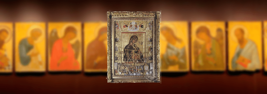 икона Богородицы Всемилостивая Заступница Кутлумуш, Страстная Богородица один ангел Кутлумуш, чудо невидимости монастыря пираты Кутлумуш, Богородица Страстная Андреас Рицос Кутлумуш, Всемилостивая Заступница часовня Кутлумуш,